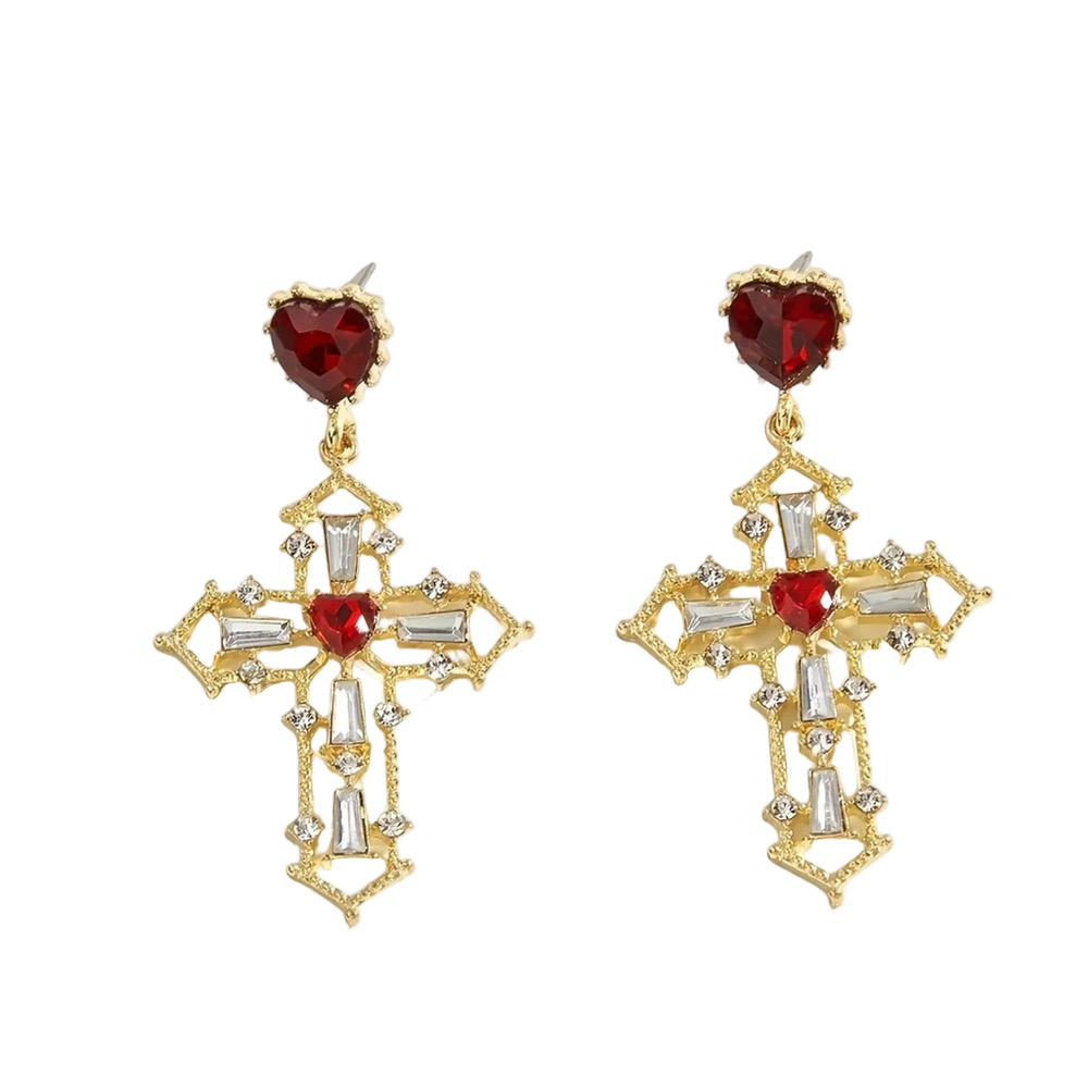 Baroque Red Heart Cross Earrings | 18k Gold-Plated Statement Dangle Earrings - Picture 2 of 3